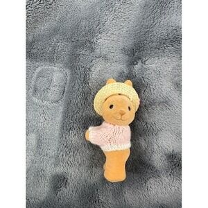 Vintage Brown Fuzzy Rabbit Girl Doll Pink‎ Sweater Straw Hat Hugger Arms Clip